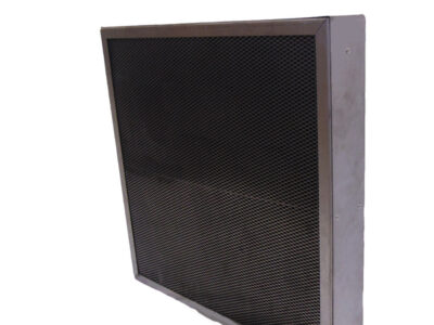 Carbon based adsorbent media matrix blocks are aligned and encased in the recycled frame and screen to be installed into various filtration systems to provide the superior performance of PureAir’s adsorbent media.